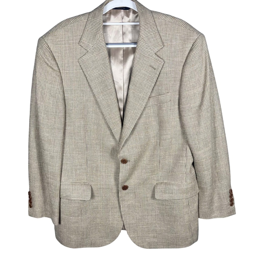 Brooks Brothers Sport Coat Mens 40 Short Tan Glen Plaid Wool Silk Linen Italy